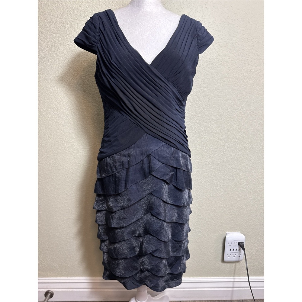 Adrianna Papell Dress 8 Navy‎ Blue Cocktail Ruched V Neck Tiered Ruffle Short